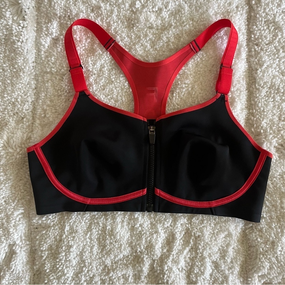Half Moon Active by Modern Movement Dynamic Black and Red Front Zip Sports Bra